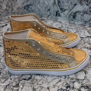 BALERA GOLD SEQUINED high-top DANCE SHOES/Sneakers. Womens Size 8 NO STRINGS